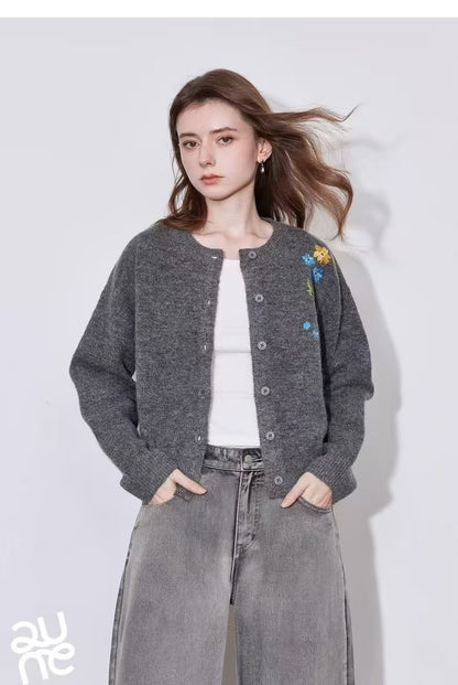 Áo khoác len thêu nhiều bông hoa nhỏ hai vạt áo Màu Xám 6881