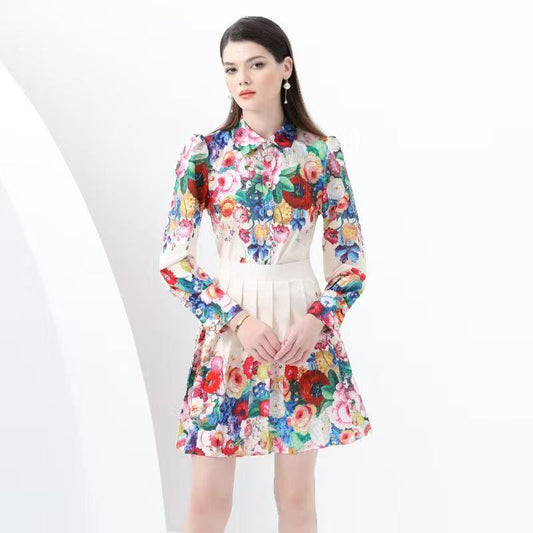 Set áo sơ mi chân váy nhiều bông 6777