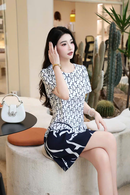 Đầm suông lụa CD Trắng Xanh than 6711