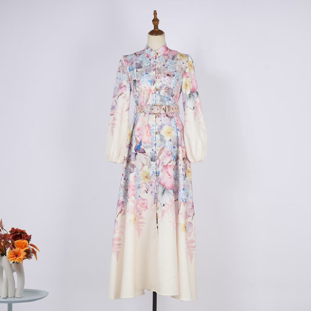 Đầm thiết kế dài tay nude phối hoa vàng kèm belt 6810