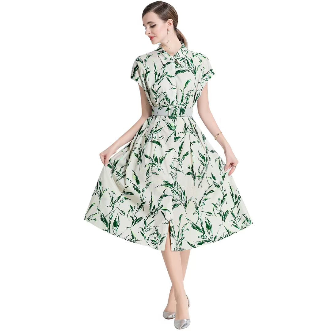 Đầm lụa kèm belt hoạ tiết xanh lá 6732