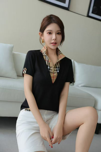 Áo Bb thun cổ dây kéo phối sọc Màu Nude 7853