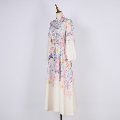 Đầm thiết kế dài tay nude phối hoa vàng kèm belt 6810