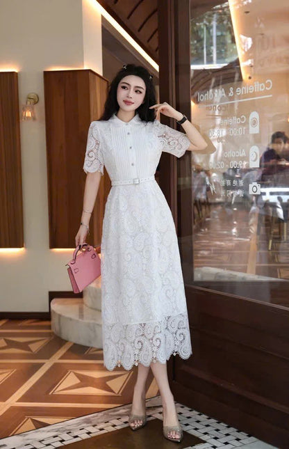 Đầm ren cổ sơ mi kèm belt tiểu thơ màu trắng 6308