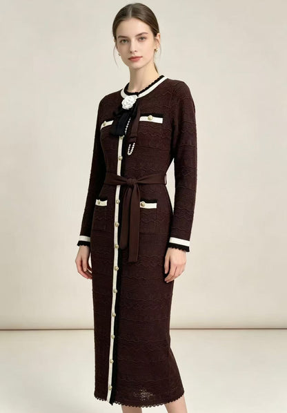 Đầm Self xịn dài 4 túi nơ cổ kèm belt xịn Màu Nâu 9089