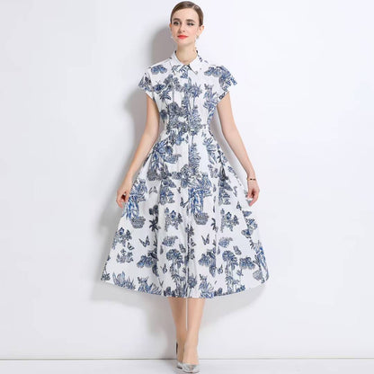 Đầm lụa kèm belt hoạ tiết xanh xám 6733