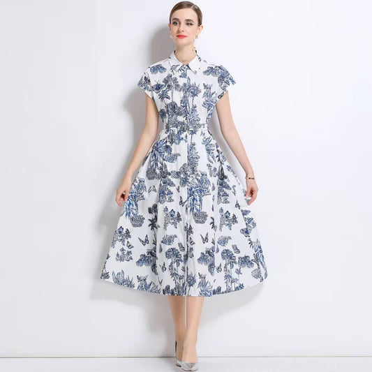 Đầm lụa kèm belt hoạ tiết xanh xám 6733