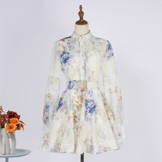 Set váy lụa ngắn xòe tay bông kem tím 6764