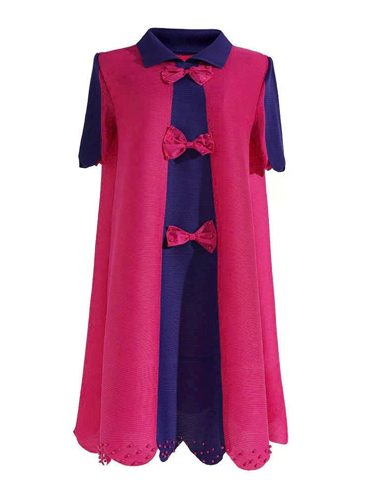 Đầm nhún suông nơ ngực màu Hồng phối Xanh 5081