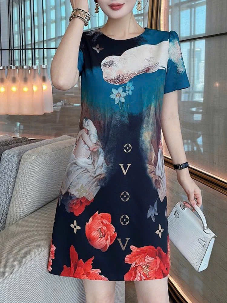 Đầm suông lụa 2 lớp lv loang xanh 7491