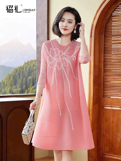 Đầm suông nhún phối Vàng Nâu 5027