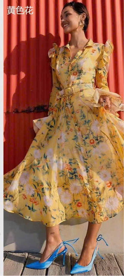 Đầm voan lụa maxi kèm belt bông vàng 5306