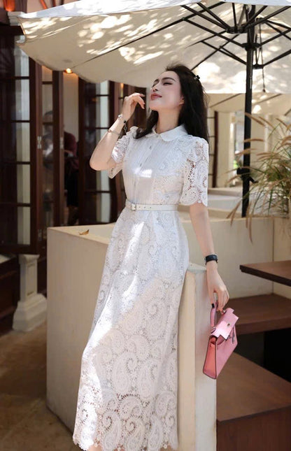 Đầm ren cổ sơ mi kèm belt tiểu thơ màu trắng 6308