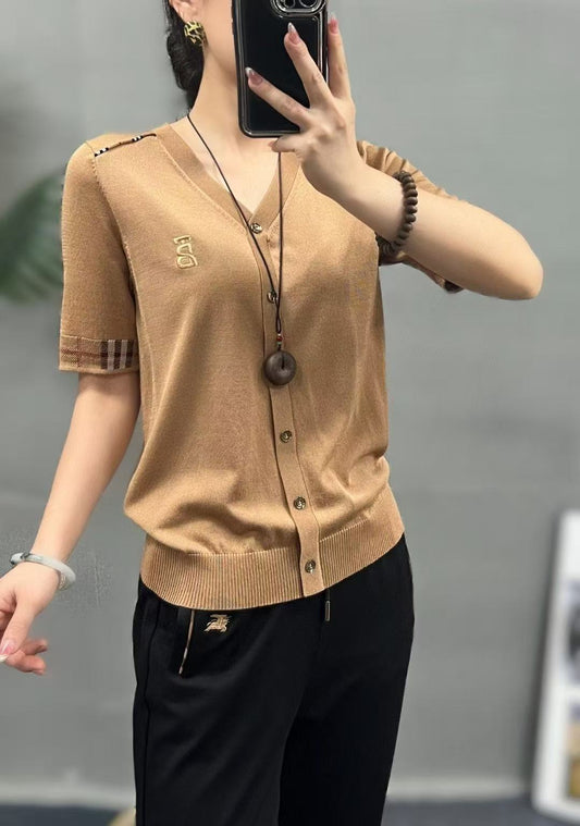 Áo BB 19331 cổ tim cài nút logo vàng tay sọc Màu Nude xịn 6705