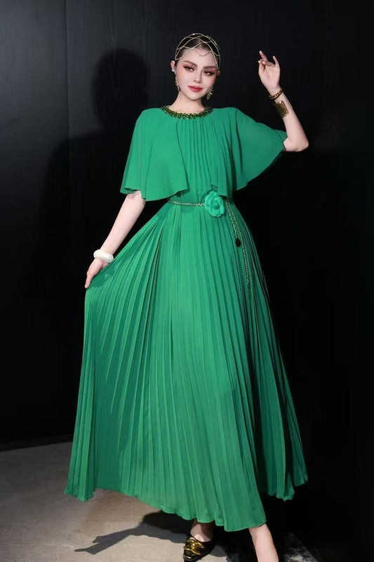 Đầm thiết kế đi tiệc xếp li kèm dây belt xích màu Xanh Lá 6737