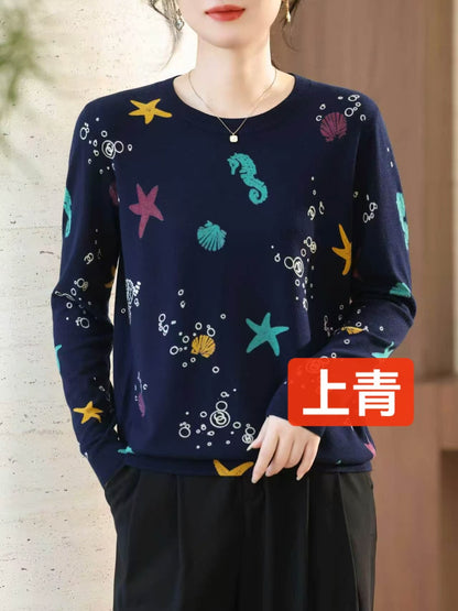 Áo Montoghi chui cổ dài tay hoạ tiết sao biển màu Xanh Than