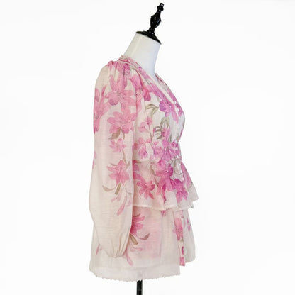 Set lụa quần sọt áo dài tay xịn hoa tím màu trắng 6729