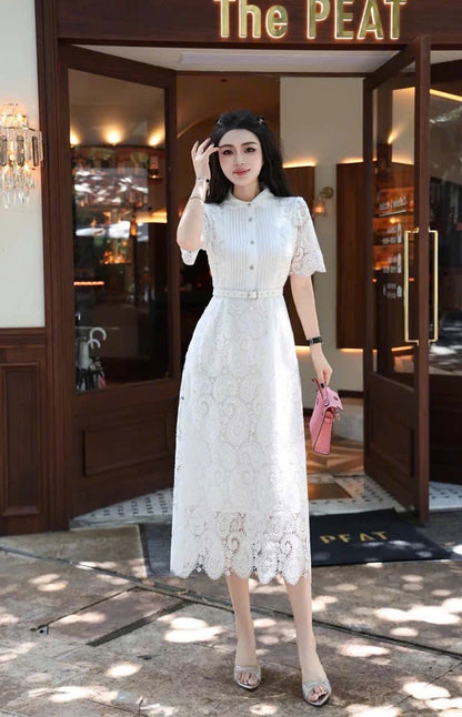 Đầm ren cổ sơ mi kèm belt tiểu thơ màu trắng 6308