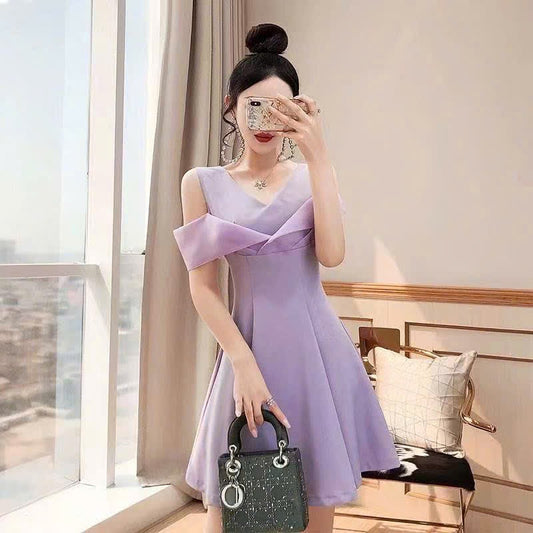 Đầm chữ A bẹt vai màu tím dịu dàng 5840