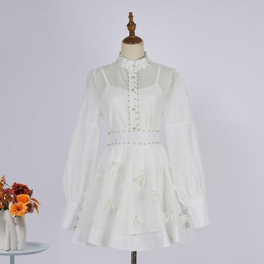 Set váy lụa ngắn xòe tay dài màu Trắng 6760