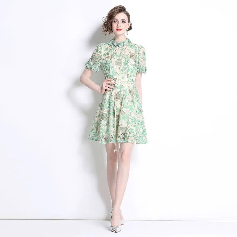 Đầm ren ngắn kèm dây belt bông màu xanh 6318