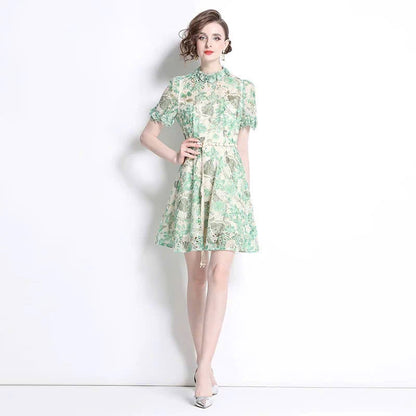 Đầm ren ngắn kèm dây belt bông màu xanh 6318