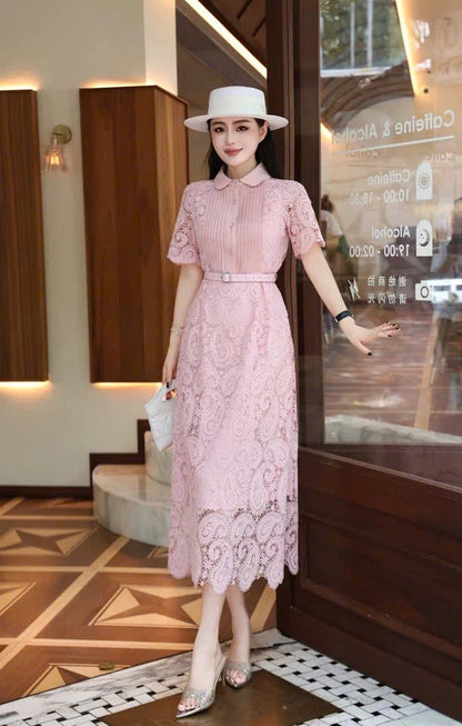 Đầm ren cổ sơ mi kèm belt tiểu thơ màu hồng 6307