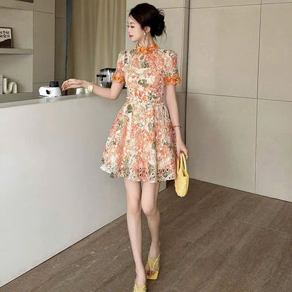 Đầm ren ngắn kèm dây belt bông màu Cam 6320