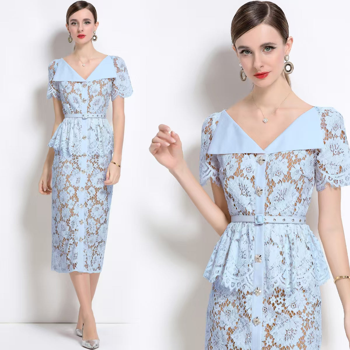 Đầm ren cổ tim rộng hai tầng kèm belt màu xanh 6379