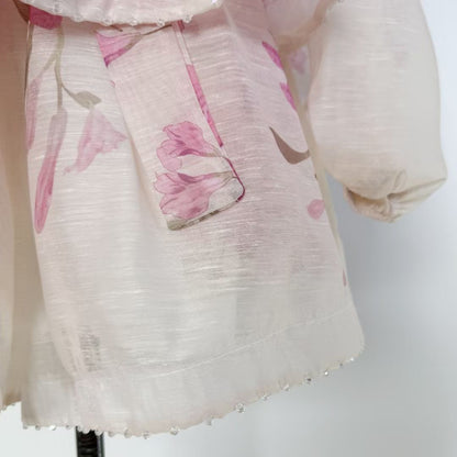 Set lụa quần sọt áo dài tay xịn hoa tím màu trắng 6729