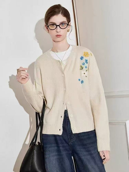 Áo khoác len thêu hoa ngực trái và lưng Màu Kem 6878
