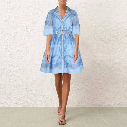 Đầm thiết kế cao cấp cổ sơ mi kèm belt Màu Xanh 6808