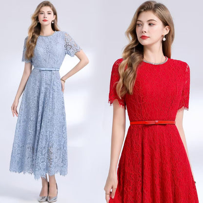 Đầm ren mềm dài kèm belt nhẹ nhàng màu ĐỎ 6779