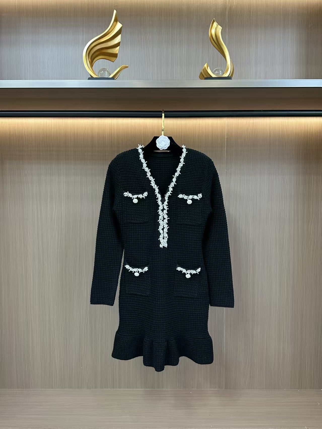 SELF flared dress with white stone border WHITE 4741