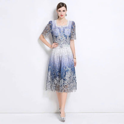 Sét ren chân váy áo cổ vuông hai túi ngực màu xanh 6313