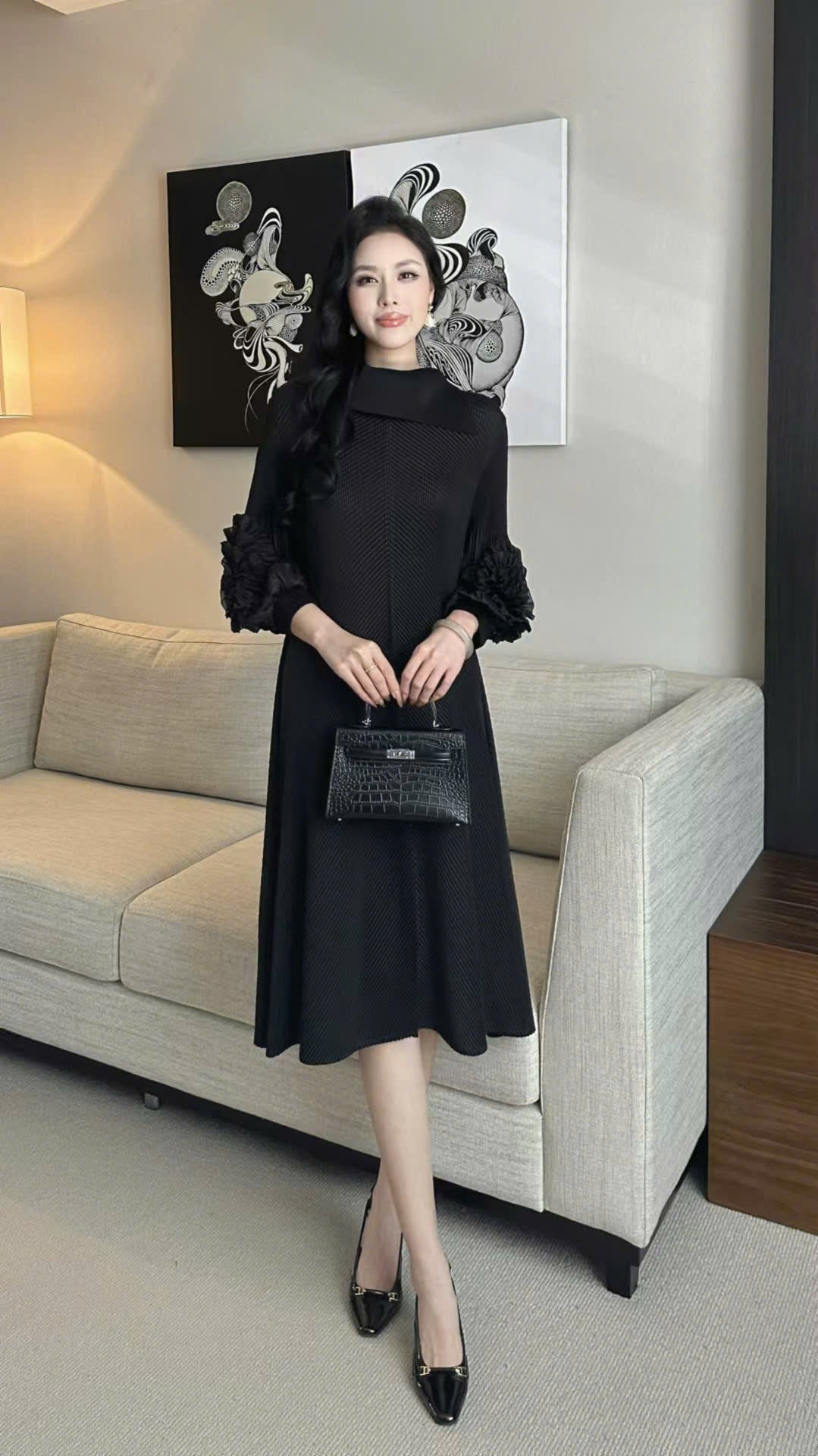 Đầm suông nhún cao cấp tay bồng Màu ĐEN 5024