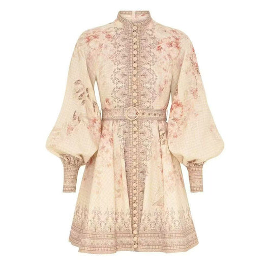 Đầm lụa ngắn kèm belt tay dài màu kem 6756