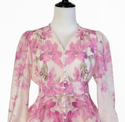 Set lụa quần sọt áo dài tay xịn hoa tím màu trắng 6729