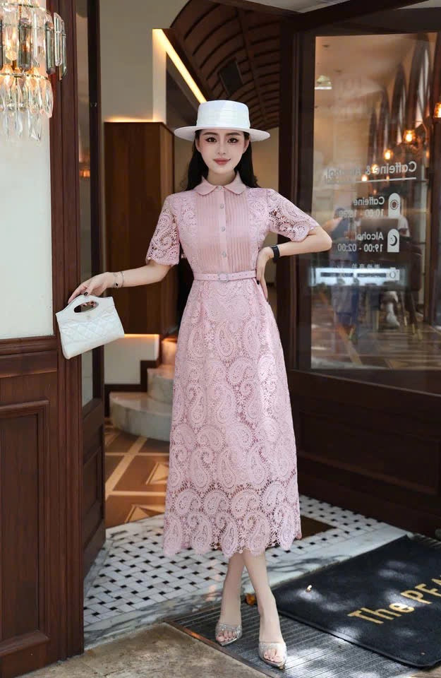 Đầm ren cổ sơ mi kèm belt tiểu thơ màu hồng 6307