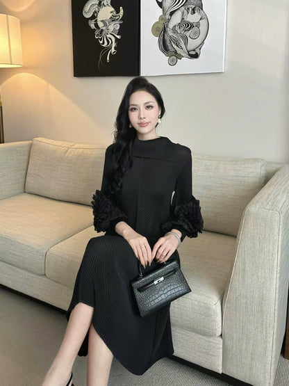 Đầm suông nhún cao cấp tay bồng Màu ĐEN 5024