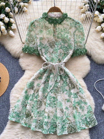 Đầm ren ngắn kèm dây belt bông màu xanh 6318