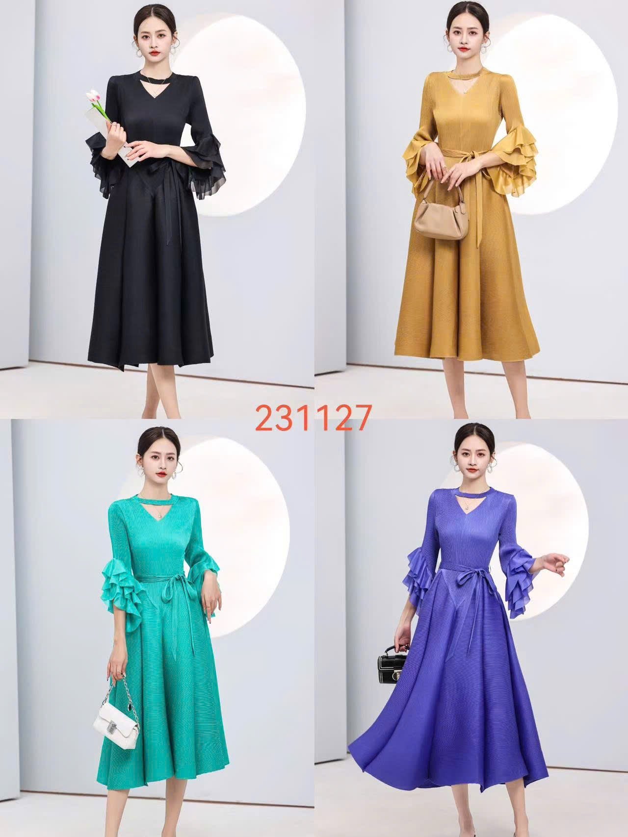 Đầm thun nhún xếp li tay bèo màu đen 5129