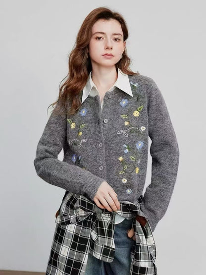 Áo khoác len thêu nhiều bông hoa nhỏ hai vạt áo Màu Xám 6881
