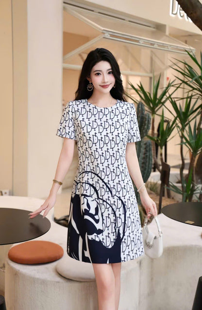 Đầm suông lụa CD Trắng Xanh than 6711