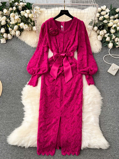 Đầm ren hồng sen dây cột eo mềm mại 6314