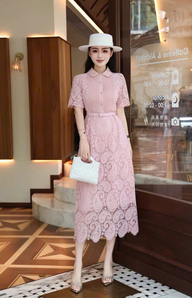 Đầm ren cổ sơ mi kèm belt tiểu thơ màu hồng 6307