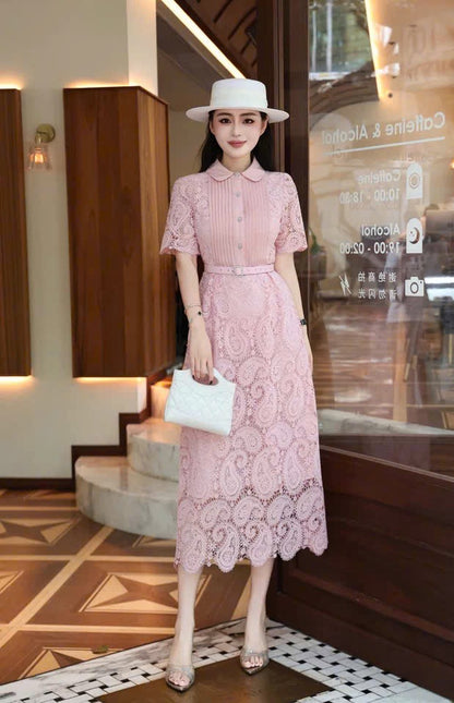 Đầm ren cổ sơ mi kèm belt tiểu thơ màu hồng 6307