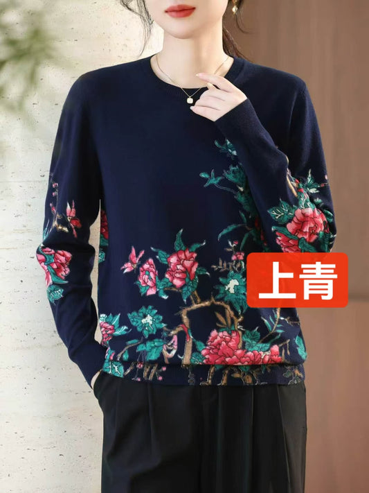 Áo Montoghi CD chui cổ dài tay hoạ tiết cành hoa hồng Màu Xanh Than 9429