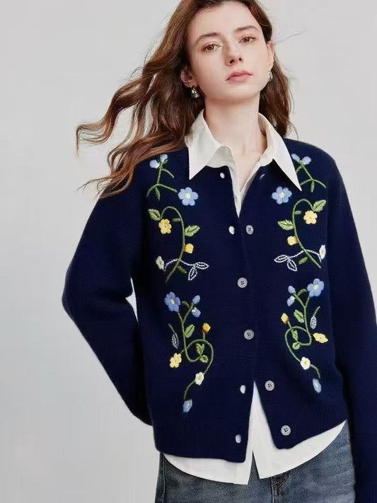 Áo khoác len thêu nhiều bông hoa nhỏ hai vạt áo Màu Xanh Than 6882