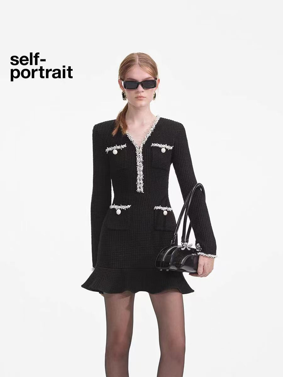 SELF flared dress with white stone border WHITE 4741